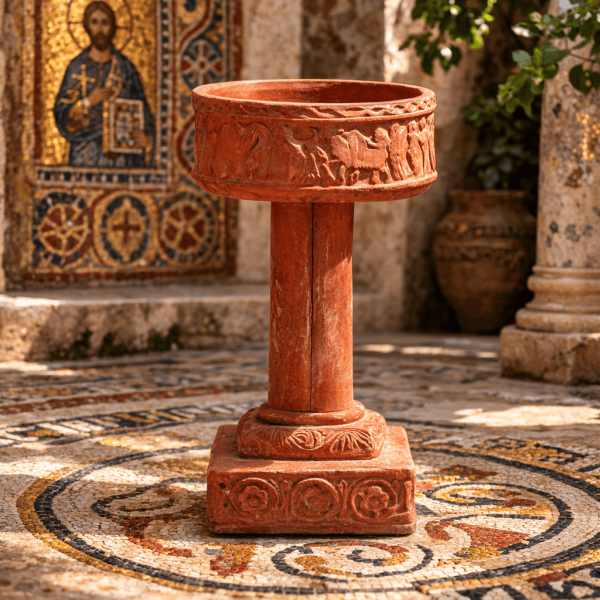 Wasserbecken aus Impruneta Terracotta mit byzantinischem Relief – kunstvolle Eleganz für Garten & Innenhof